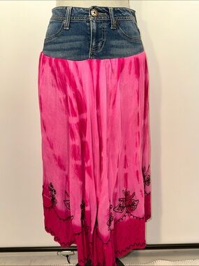Mudd Denim-Waist Pink Embroidered Maxi Skirt
